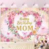 Happy Birthday Mom Backdrop Pink Flower Heart Glitter Mother's Day Decor Photography Background Mom's Birthday Backdrop for Women Party Decorations Banner Photo Props (8x6FT) view 1
