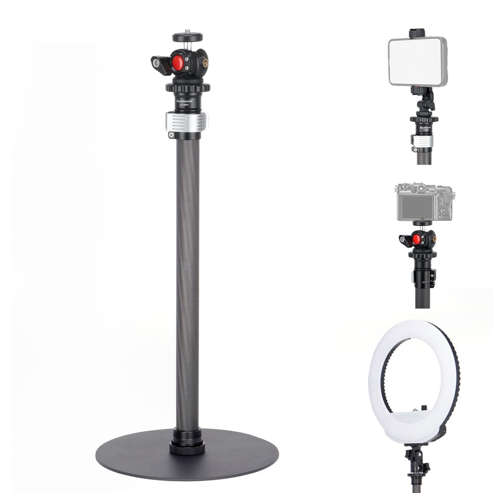 Koolehaoda Tripod Stand Extendable Monopod Carbon Fiber Pole wiht Round Base for Desk, 360 Rotatable Ballhead Tabletop Webcam Stand for DSLR Camera, Light, Webcam, Live Streaming, Vlogging