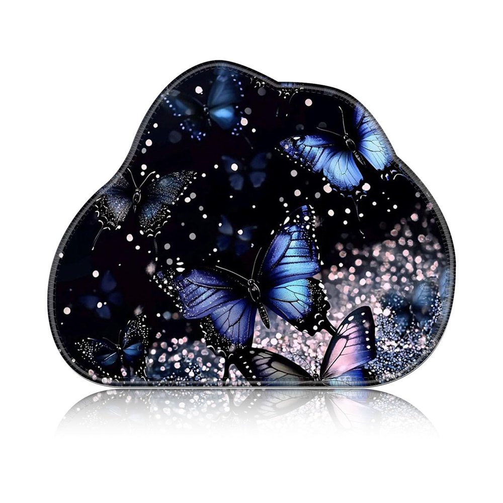 KUJKBFWJ Cloud Gaming Mouse Pad, Irregular Mini Mouse Pad with Non-Slip Base, Cute Desk Mousemat with Stitched Edges, 11.8 x 9.5 in, Black-Blue Butterfly