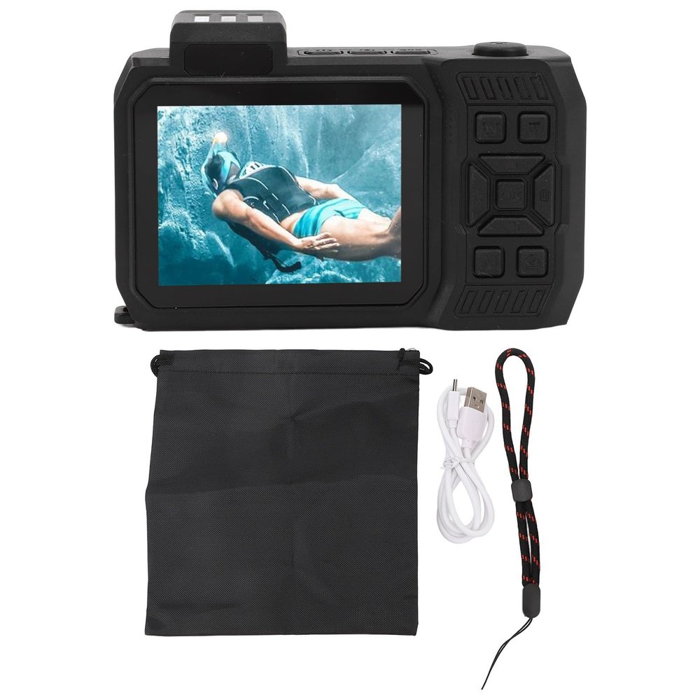 Nutriess 4K Underwater Camera 65MP Autofocus Dual Screen 2.88in 1.44in 2500mAh 33FT Impermeable Digital Camera for Snorkeling and Diving (Black)