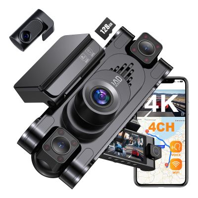 4K 360 DashCam for Cars,4 Channel Car Dash Cam Front and Rear Inside with 128GB Card Included,Voice Control,5.8G WiFi GPS,IR Night Vision, G Sensor, 24/7 Parking Mode &Loop Recording Dash Camera