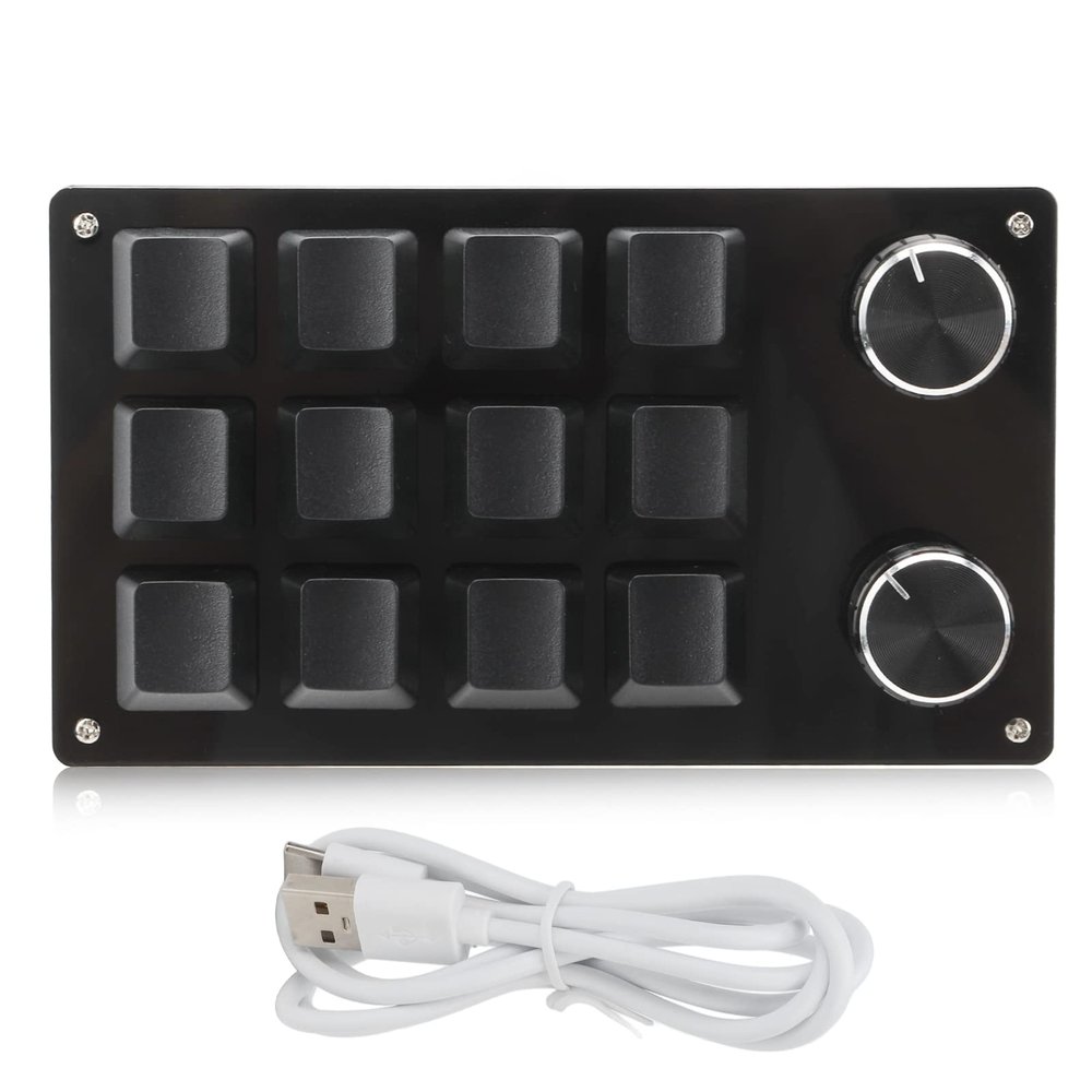 12 Key Programmable Gaming PC Keyboard with Adjustment Knob, One Handed Macro Mechanical DIY Keypad for Office Lab, Suitable for, Vista OS X (All Black)