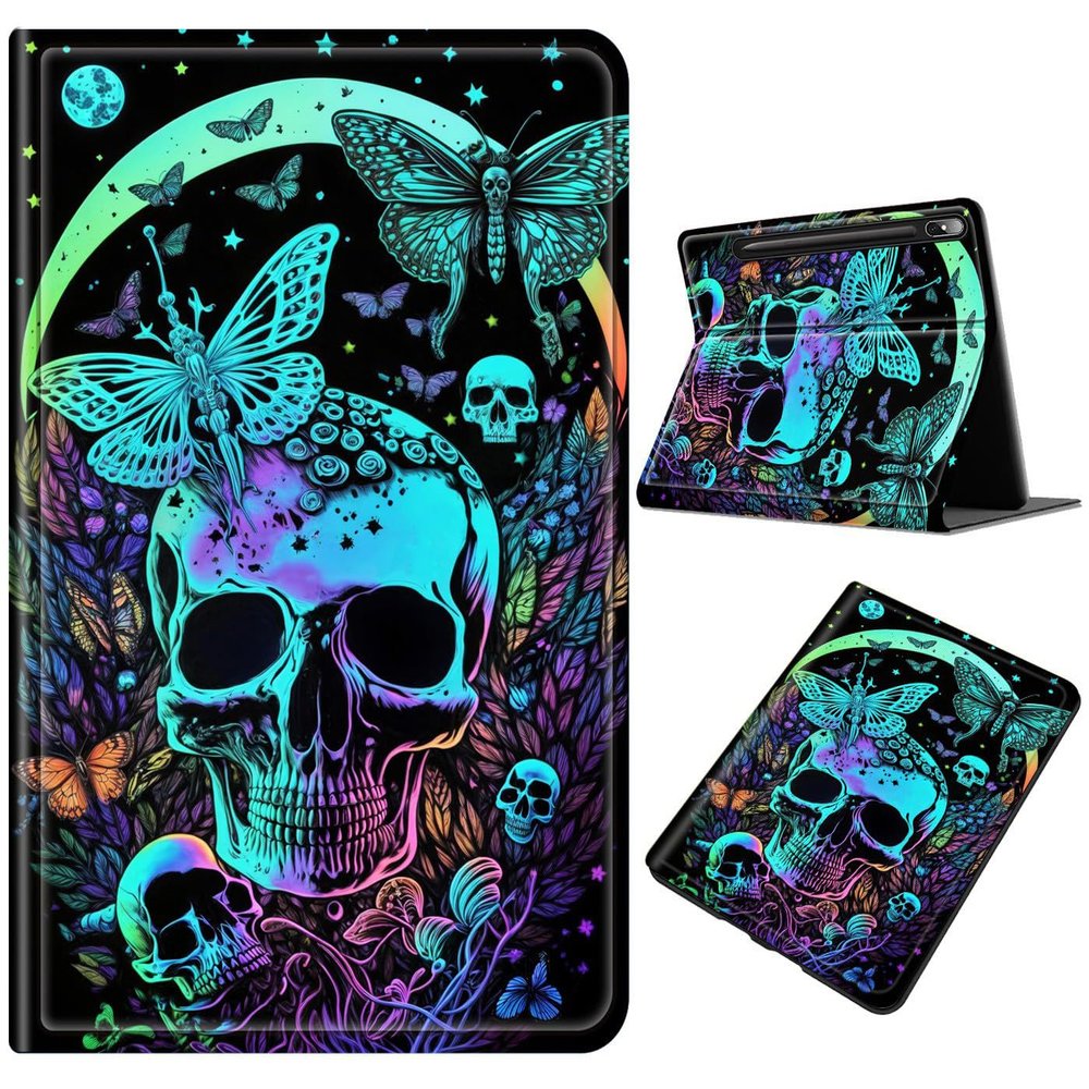 Case for Samsung Galaxy Tab S7 FE 2021,Galaxy Tab S8 Plus 2022, Slim lightnes Folding Stand PU Leather Cover with Multiple Angles for Galaxy Tab S7 Plu/Tab S8+/S7 FE 12.4 inch, Green Skull Moon