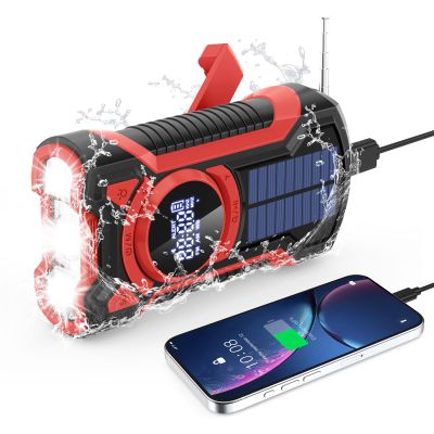 Emergency Radio Hand Crank Solar 5000mAh, IP65 Waterproof Dustproof Bluetooth 5.3 Portable AM/FM/NOAA Weather Alert Radio with Flashlight, Phone Charger, SOS, Headphone Jack- (Red)
