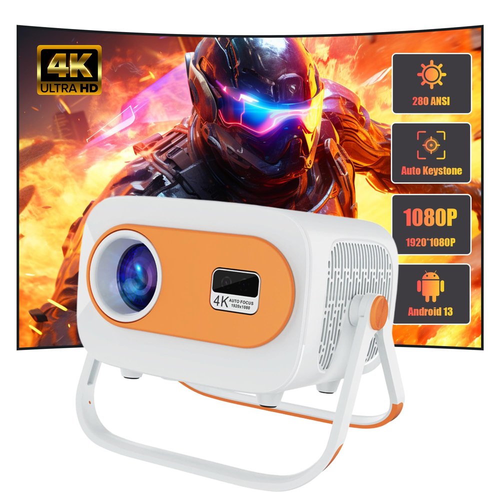 Full HD Portable Video Projector with Electric Focus, Compact Design for Home Theater and Outdoor Use, Smart Movie Projector Compatible with Laptop/DVD/Smartphone/HDMI/USB, White
