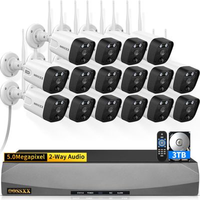 5.5MP & 2-Way Audio Dual Antennas Security Wireless Camera System 3K 5.0MP 1944P Wireless Surveillance Monitor NVR Kits,16Pcs Outdoor WiFi Security Cameras PIR Detection