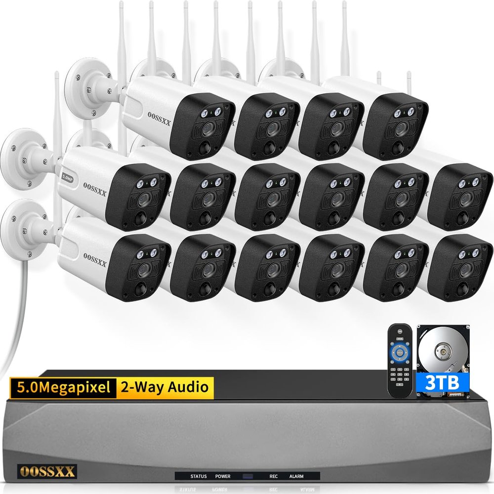 5.5MP & 2-Way Audio Dual Antennas Security Wireless Camera System 3K 5.0MP 1944P Wireless Surveillance Monitor NVR Kits,16Pcs Outdoor WiFi Security Cameras PIR Detection