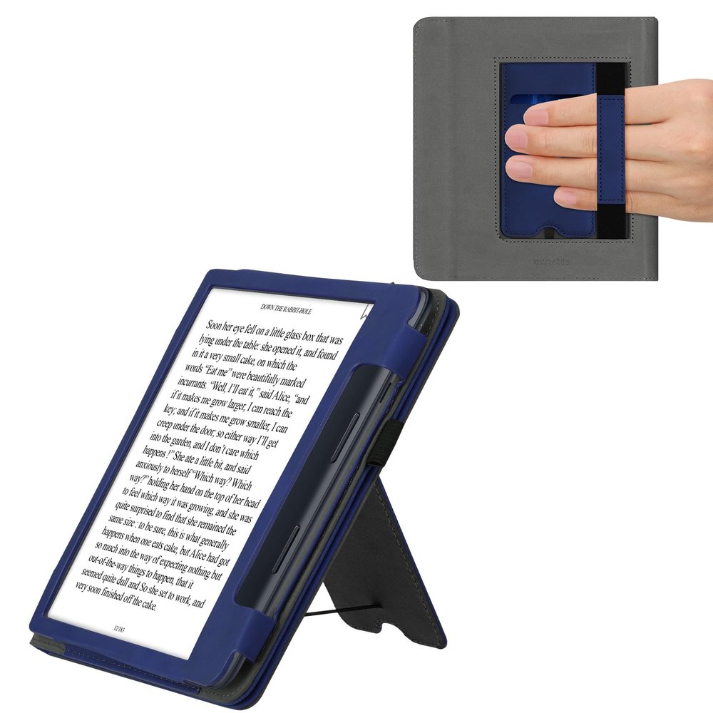 kwmobile Case Compatible with Kobo Sage - Cover Faux Nubuck Leather e-Reader Flip Case - Dark Blue