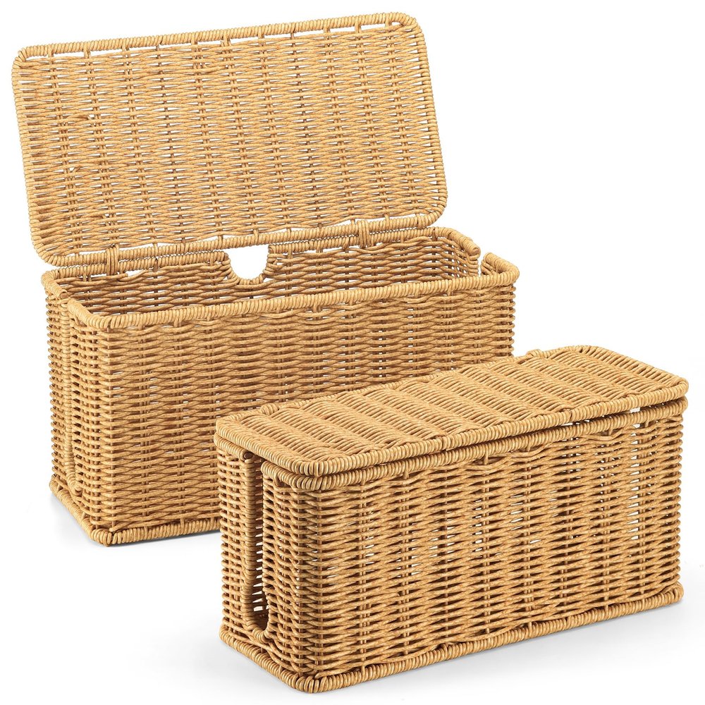 2Pack Large Cable Management Box, Handwoven Imitation Rattan Cord Organizer Wire Hider Box, Desk Cord Management to Hide Cords and Power Strips