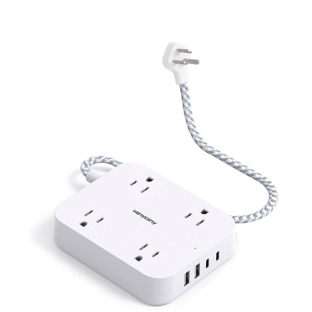1 Ft Flat Plug Extension Cord, HANYCONY Power Strip with 4 USB Ports(2 USB C), 4 Widely Outlets Extender, Wall Mount, Desk Charging Station for Office, Travel and Cruise Ship Essentials