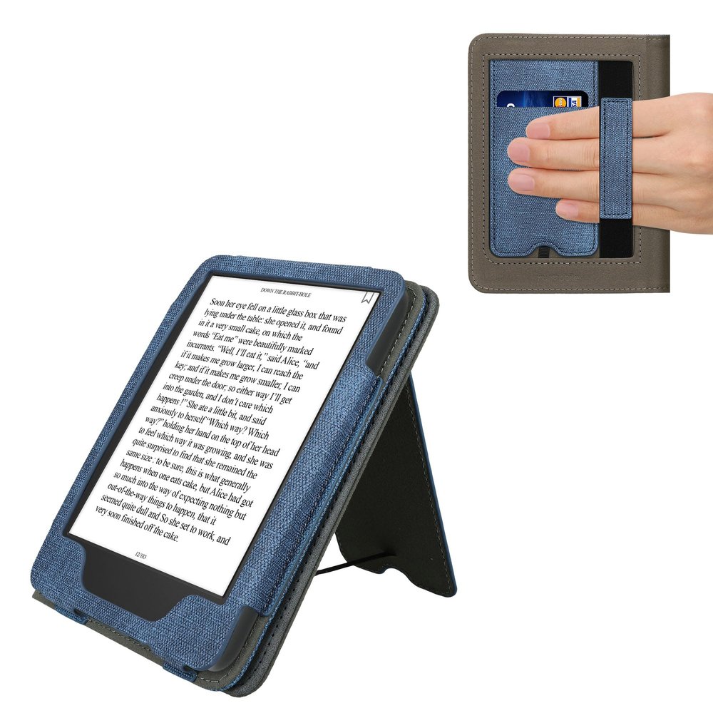 kwmobile Cover Compatible with Amazon Kindle (2022/2024) Cover - Faux Leather/Suede Case with Stand - Dark Blue/Dark Grey