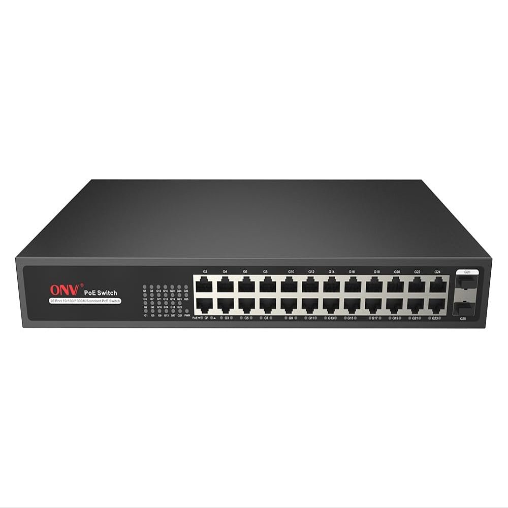 26-Port Full Gigabit PoE Fiber Switch, Port 1-16 can Support IEEE 802.3 af/at PoE Standard, 2*1000M Uplink SFP Ports Unmanaged PoE Switch