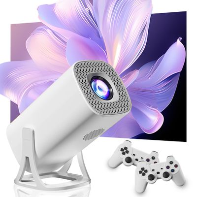 HKOORLAMULS S40Max Game Projector with 2 Wireless Controllers, Smart Portable Projector with Built in 30,000+ Classic Games, 4K 1080P Vision Projector for Gaming & Indoor Outdoor Entertainment, White
