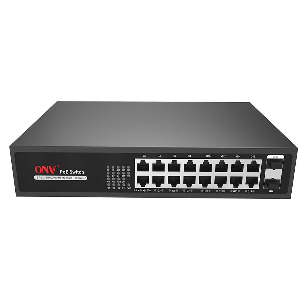 18-Port Full Gigabit PoE Switch,16*10/100/1000M Adaptive RJ45 Ports, 2*1000M Uplink SFP Ports,IEEE 802.3 af/at PoE Standard Unmanaged PoE Switch