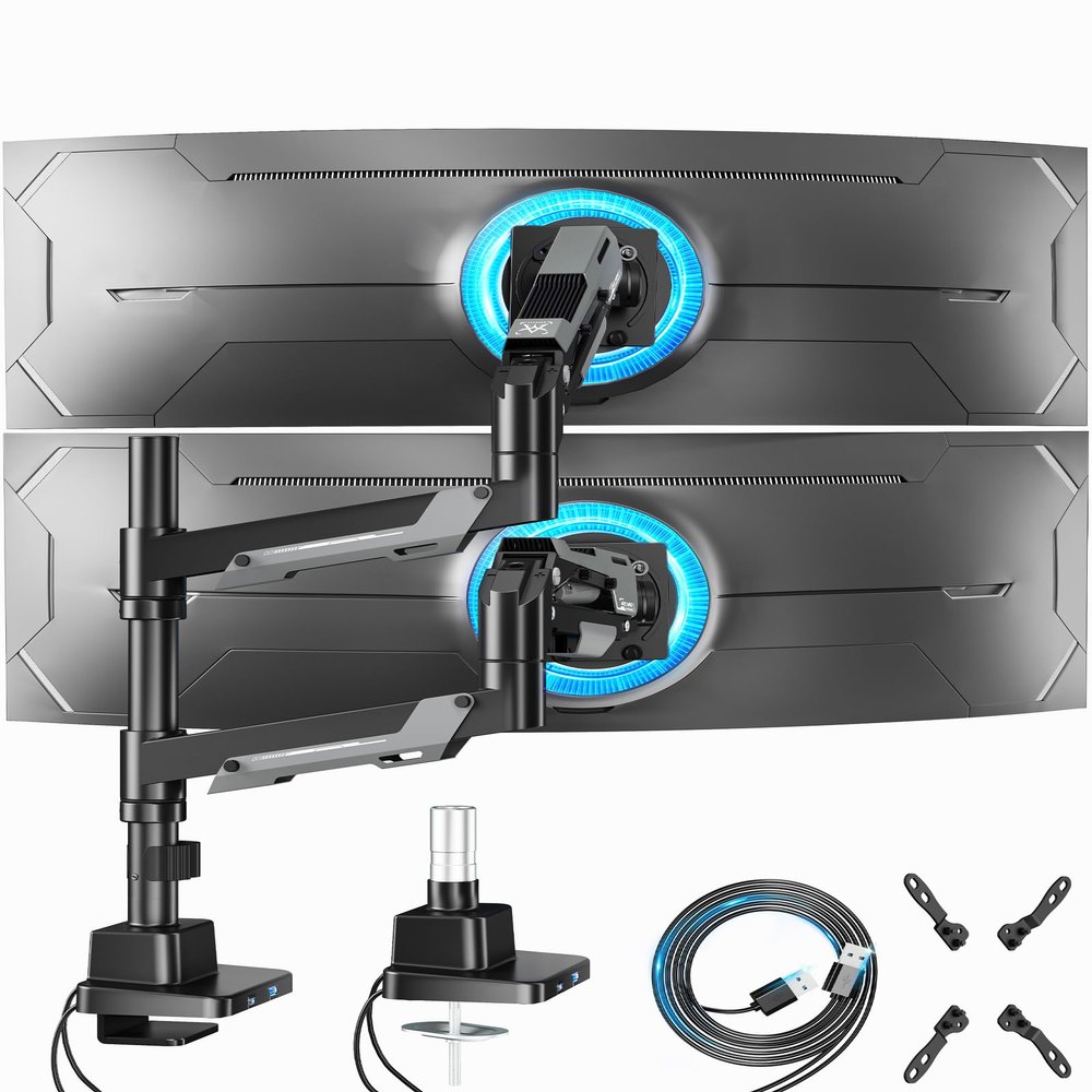 ARES WING Dual Monitor Mount, Adjustable Stacked Monitor Stand with USB A/C, Heavy Duty Gas Spring Monitor Desk Stand for 2 Monitors for 24-57 Inch Ultrawide Screen, 75/100/200 Vesa Mount, Black