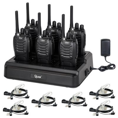 TIDRADIO Walkie Talkies Long Range Two Way Radios with 6-Way Multi Unit Charger, Acoustic Tube Headset & Mic, Hands Free VOX, Frequency Copy, Flashlight for Adults School Church Camping- TD-V2, 6 Pack