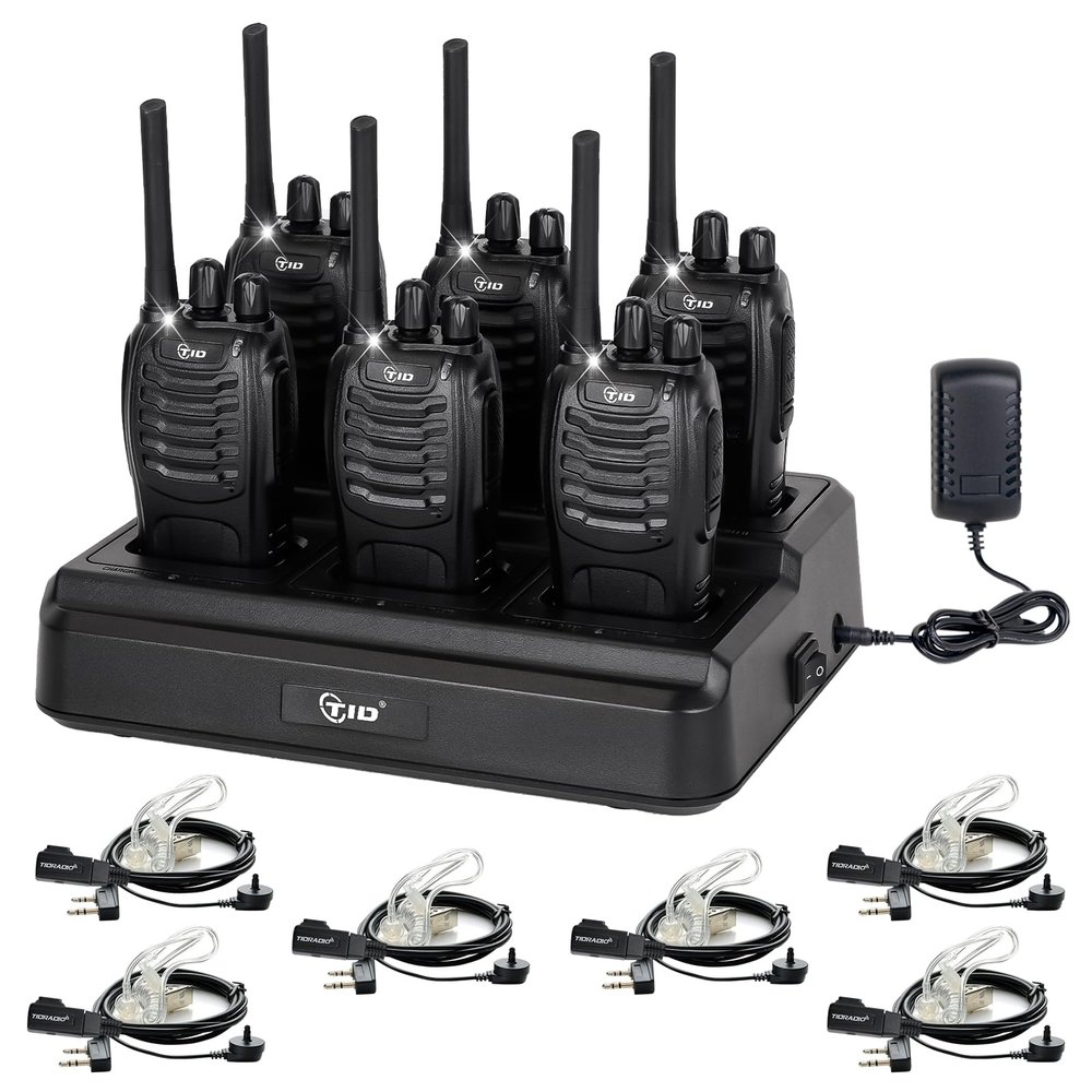 TIDRADIO Walkie Talkies Long Range Two Way Radios with 6-Way Multi Unit Charger, Acoustic Tube Headset & Mic, Hands Free VOX, Frequency Copy, Flashlight for Adults School Church Camping- TD-V2, 6 Pack