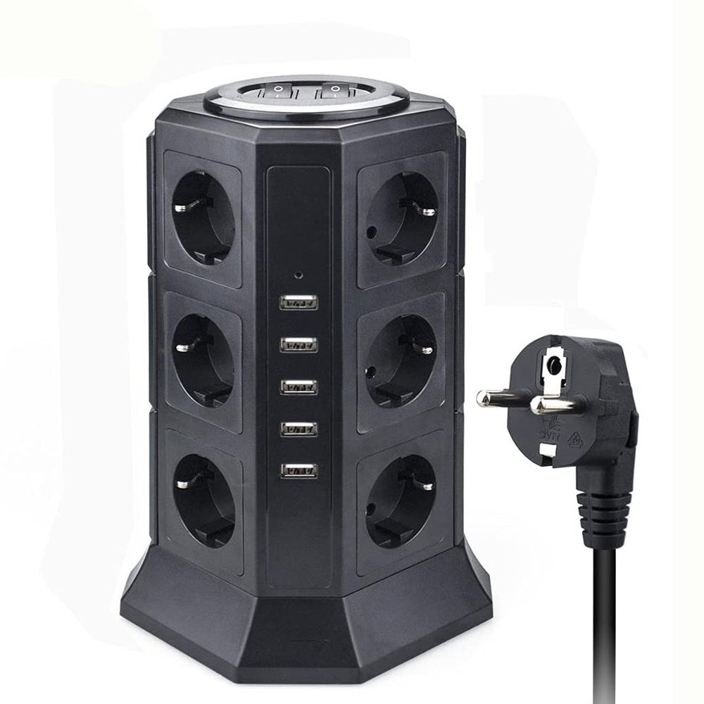 AFPSDLFJDLS Tower Multiple Power Strip Vertical EU Pluging 12 Way Outlets Sockets with Surge Protector Circuit Protection 2m Extension Cord