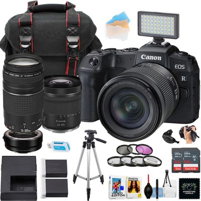 Canon EOS RP Mirrorless Camera w/24-105mm STM and EF 75-300mm Lens + 2pc Sandisk 64GB Ultra Memory Card + Camera Case + More (21pc Bundle) (Renewed)