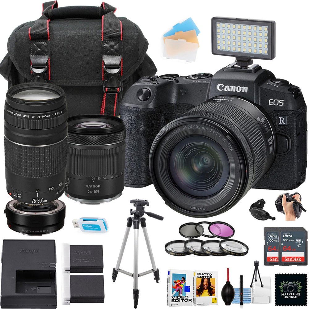 Canon EOS RP Mirrorless Camera w/24-105mm STM and EF 75-300mm Lens + 2pc Sandisk 64GB Ultra Memory Card + Camera Case + More (21pc Bundle) (Renewed)