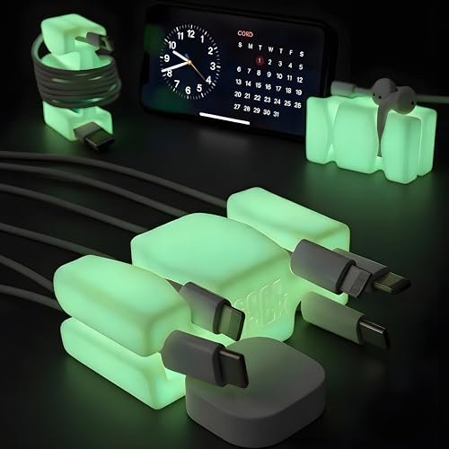 GlowBrick Steel Weighted Cord Holder, Cord Wrap, Phone Accessory, Stocking Stuffer for Men, Adults, College Students. Nightstand, Desk Travel Organizer. Silicone. 4pk Glow Yellow