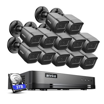 ANNKE Security Camera System, 16CH 1080P Lite DVR Recorder with AI Human/Vehicle Detection, 12X 2MP Bullet Wired Add-on Black Cameras with 66ft Night Vision, 3.6mm Lens, IP67, 3TB HDD Included