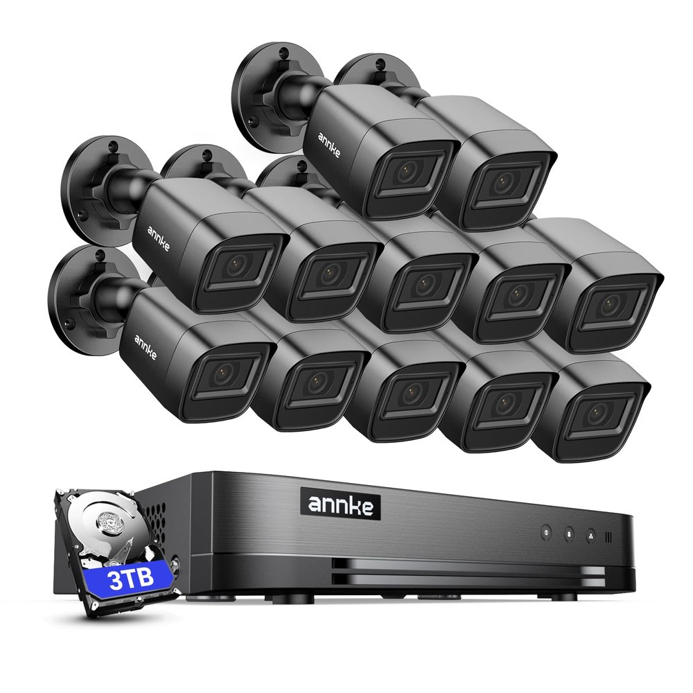 ANNKE Security Camera System, 16CH 1080P Lite DVR Recorder with AI Human/Vehicle Detection, 12X 2MP Bullet Wired Add-on Black Cameras with 66ft Night Vision, 3.6mm Lens, IP67, 3TB HDD Included