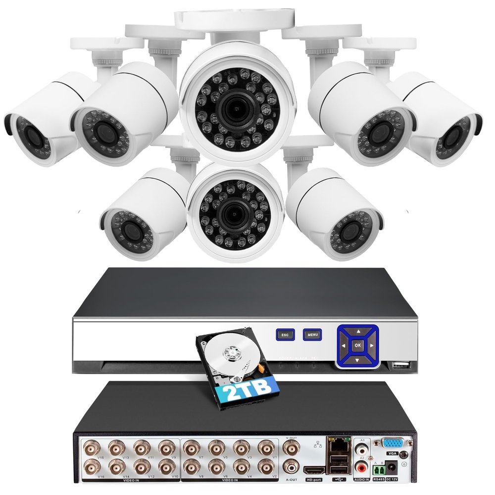 16 Channel Security Recorder DVR System H.265+ Surveillance DVR Recorder with 8pcs Surveillance Camera 24/7 Recording,Remote Access Pre-Installed 2TB Hard Drive