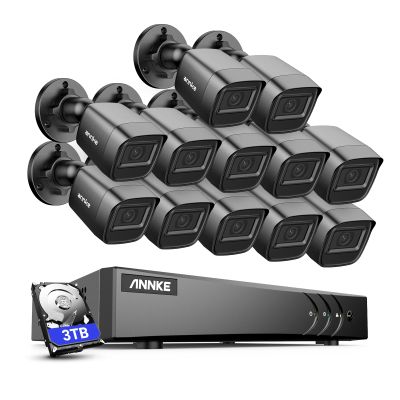 ANNKE 1080P Security Camera System, 16CH 3K Lite DVR Recorder with AI Human/Vehicle Detection, 12X 2MP Bullet Wired Add-on Black Cameras with 66ft Night Vision, 3.6mm Lens, IP67, 3TB HDD Included