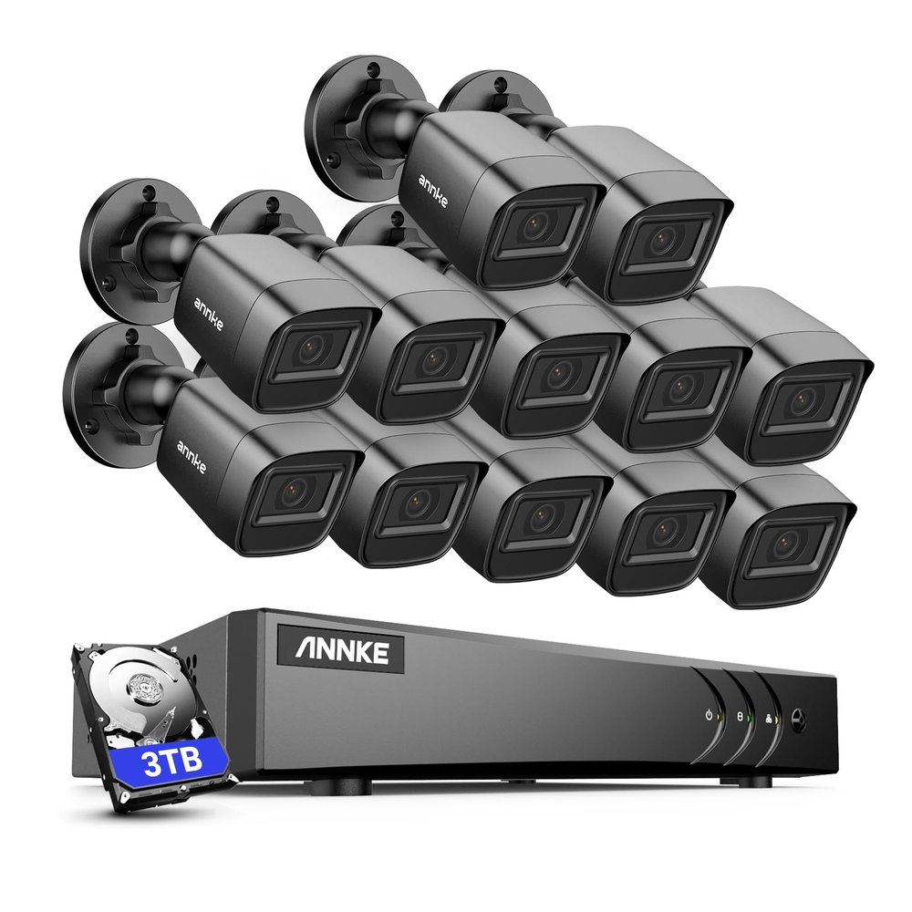 ANNKE 1080P Security Camera System, 16CH 3K Lite DVR Recorder with AI Human/Vehicle Detection, 12X 2MP Bullet Wired Add-on Black Cameras with 66ft Night Vision, 3.6mm Lens, IP67, 3TB HDD Included