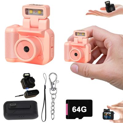 Gsnagole Retro Snap CameraMini Nostalgic Vintage ViewTiny SnapsKeychain Digital Photo CameraLlavero Mini CMara Retro1080p Hd with Led Flash Light (Pink 64G)