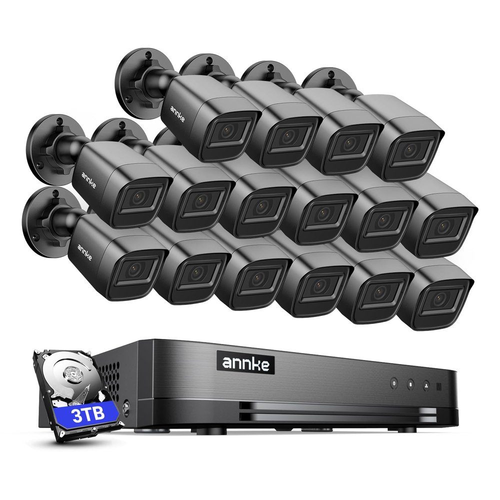 ANNKE Security Camera System, 16CH 1080P Lite DVR Recorder with AI Human/Vehicle Detection, 16X 2MP Bullet Wired Add-on Black Cameras with 66ft Night Vision, 3.6mm Lens, IP67, 3TB HDD Included