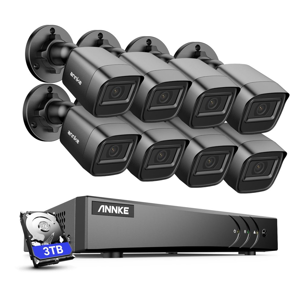 ANNKE 1080P Security Camera System, 16CH 3K Lite DVR Recorder with AI Human/Vehicle Detection, 8X 2MP Bullet Wired Add-on Black Cameras with 66ft Night Vision, 3.6mm Lens, IP67, 3TB HDD Included
