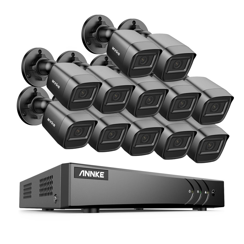 ANNKE 1080P Security Camera System, 16CH 3K Lite DVR Recorder with AI Human/Vehicle Detection, 12X 2MP Bullet Wired Add-on Black Cameras with 66ft Night Vision, 3.6mm Lens, IP67, NO HDD Included