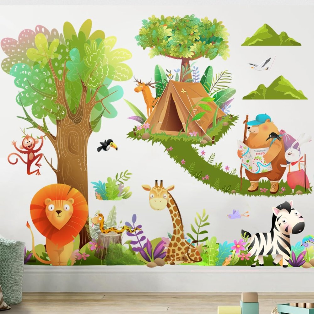 Safari Animals Tree Wall Decals Forest Giraffe Bear Fox Lion Jungle Wall Stickers Baby Nursery Kids Bedroom Living Room Wall Decor