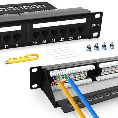 Patch Panel 24 Port Cat6AEC Listed Rackmount Punch Down 1U 19 inch RJ45 Network Patch Panel for 10 Gigabit Network,110 or Krone Impact Tools Compatible (Cat6A 24 Port Patch Panel)