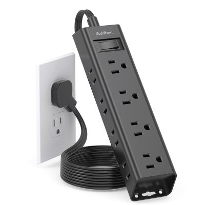 6Ft Surge Protector Power Strip - Flat Extension Cord, Addtam 12 Widely 3 Sides Outlet Extender, Wall Mount, Desktop Charging Station for Home Office College Dorm Room Essentials, Black