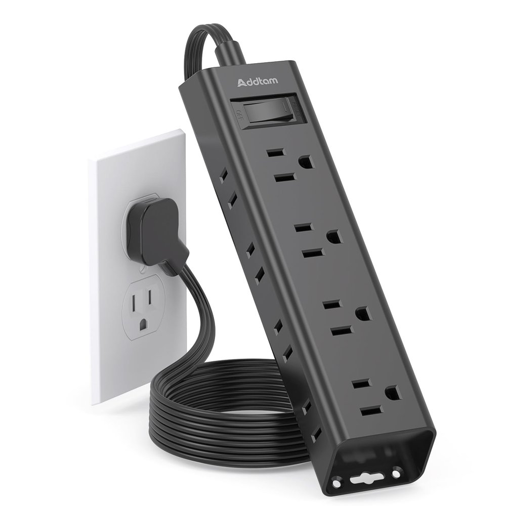 6Ft Surge Protector Power Strip - Flat Extension Cord, Addtam 12 Widely 3 Sides Outlet Extender, Wall Mount, Desktop Charging Station for Home Office College Dorm Room Essentials, Black