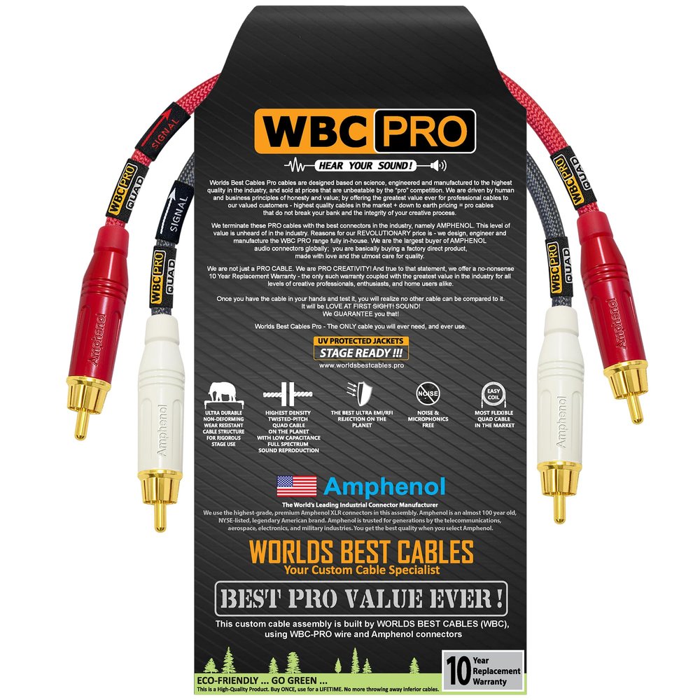1.5 Foot RCA Cable Pair - WBC-PRO-Quad Ultra-Silent, Ultra-Flexible, Star-Quad Audiophile & Pro-Grade Audio Interconnect Cable with Amphenol ACPR Gold RCA Plugs - Gray & Red Jacket - Directional