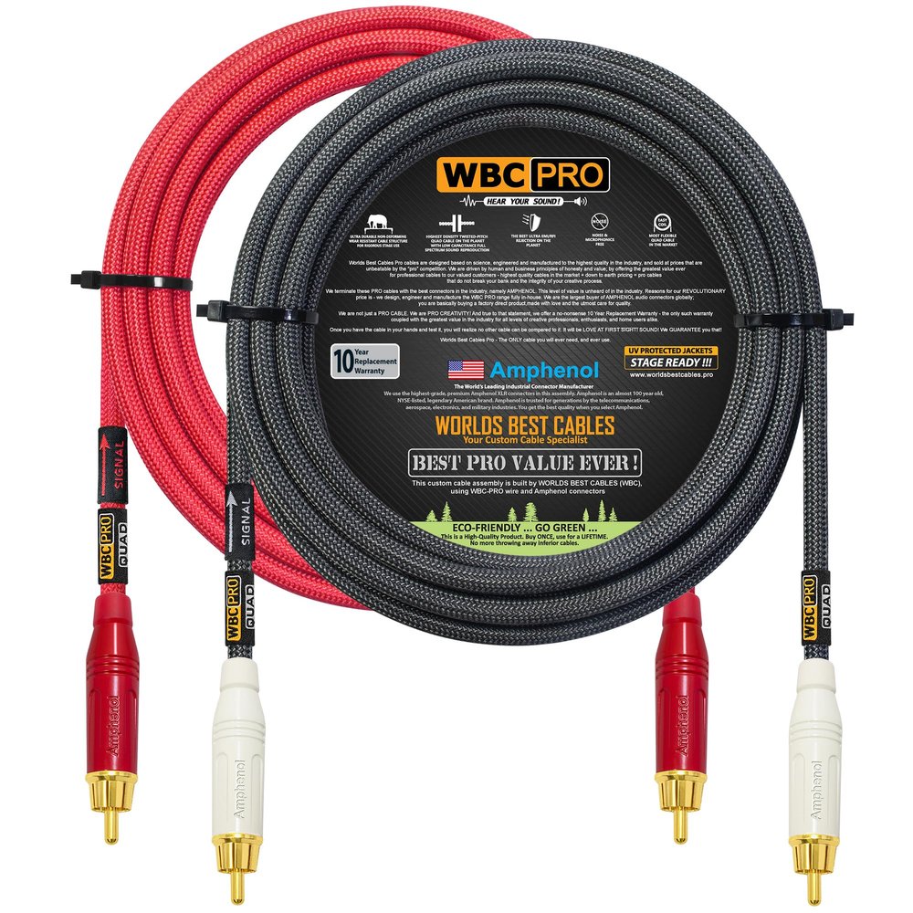 25 Foot RCA Cable Pair - WBC-PRO-Quad Ultra-Silent, Ultra-Flexible, Star-Quad Audiophile & Pro-Grade Audio Interconnect Cable with Amphenol ACPR Gold RCA Plugs - Gray & Red Jacket - Directional