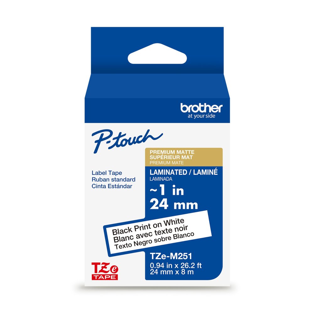 Brother Genuine P-Touch TZe, Black Print on White Label Tape (TZeM251), Premium Matte Laminated,3/4in x 26.2ft (18mm x 8m), for Select P-Touch Label Makers, for Crafts, Home Office, Small Business