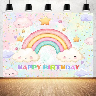 10X8ft Rainbow Birthday Backdrop for Girls Pastel Star Happy Birthday Banner Photo Backdrop Colorful Sprinkled Vibrant Rainbow Theme Kids Celebration Background