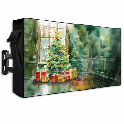 Outdoor TV Cover 40 to 43 Inch, Green Ink Painting Xmas Tree Window View TV Screen Protector with Zipper and Pocket Waterproof/Weatherproof 40"L x 25"H TV Cover for Outside Decor