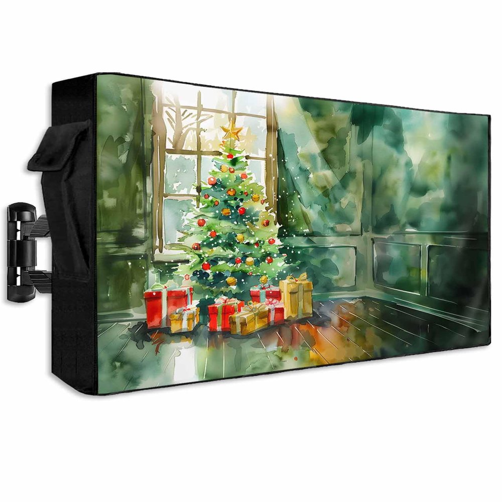 Outdoor TV Cover 40 to 43 Inch, Green Ink Painting Xmas Tree Window View TV Screen Protector with Zipper and Pocket Waterproof/Weatherproof 40"L x 25"H TV Cover for Outside Decor
