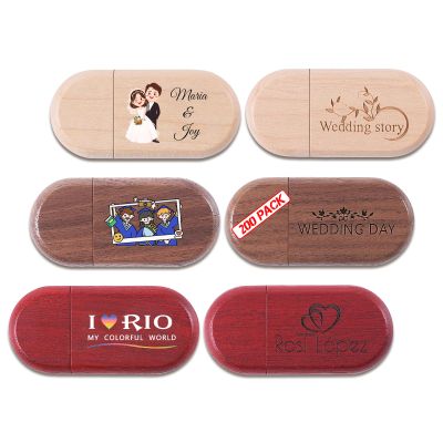 2GB 200Pcs Personalized Wooden USB 2.0 Flash Drive with Linen Bags, Bulk Handmade Custom Wood Thumb Drives, Engraved Your Logo & Text on Memory Sticks for School/Wedding/Corporate Gifts/Photography