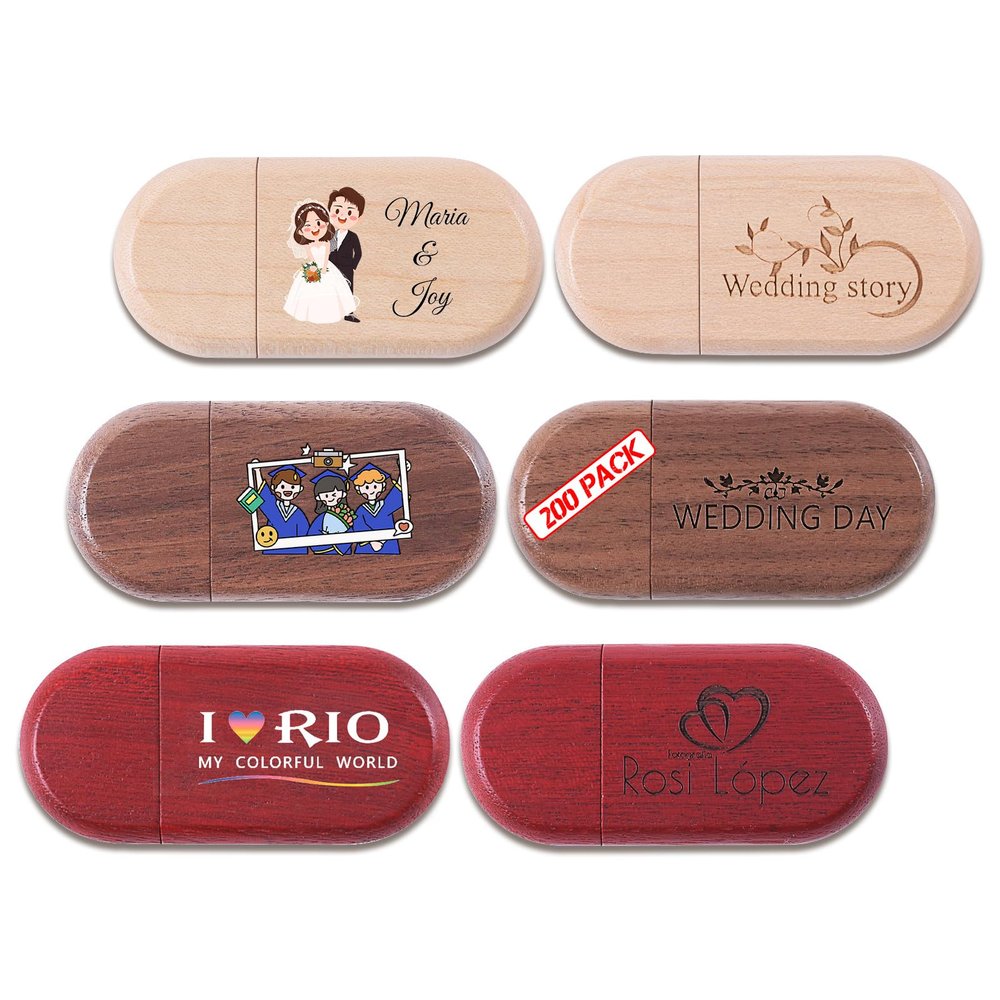 2GB 200Pcs Personalized Wooden USB 2.0 Flash Drive with Linen Bags, Bulk Handmade Custom Wood Thumb Drives, Engraved Your Logo & Text on Memory Sticks for School/Wedding/Corporate Gifts/Photography