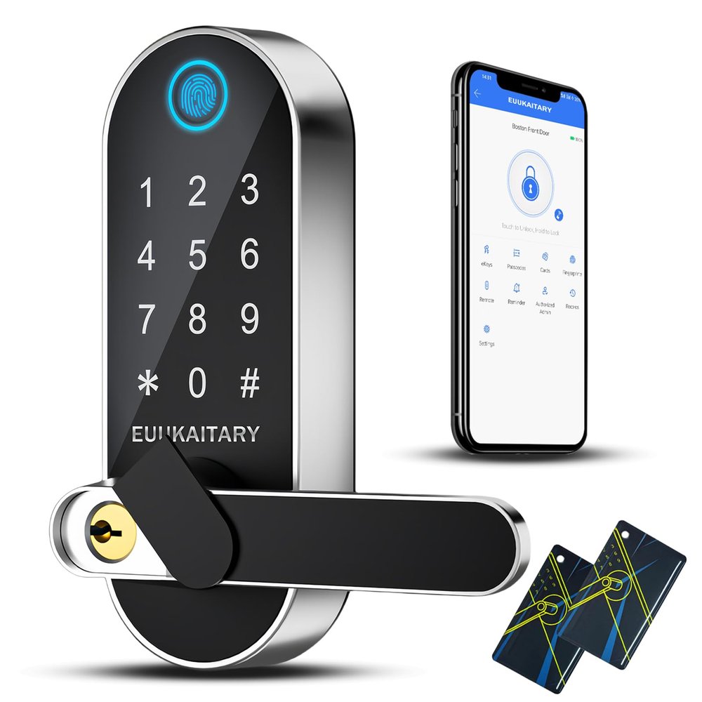 EUUKAITARY Keyless Entry Door Lock, Fingerprint Door Lock with Handle, Smart Locks for Front Door and Bedroom, WiFi Electronic Locks, App Remote Control, Digital Keypad with Knob, Auto-Lock