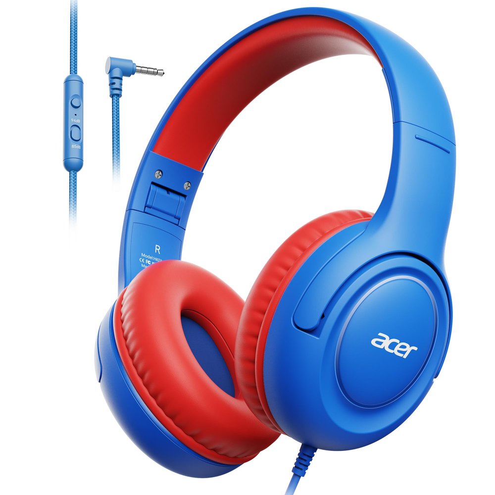 acer Kids Headphones - Over-Ear 85/94dB Volume Limiter, 3.5mm Jack Foldable Stereo Sound Headset for Toddlers Girls Boys Travel Learning Entertainment Tablet Kindle iPad PC,Blue Red, HK03