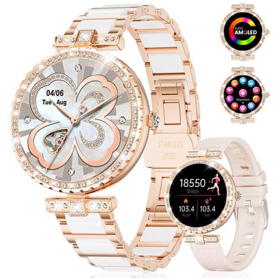 ESFOE Smart Watches for Women,1.19 AMOLED Smartwatch for Android iOS Phone,IP68 Waterproof Fitness Tracker Watch with Heart Rate Sleep Monitor 100+ Sports Pedometer,Ceramic(Answer/Make Calls)