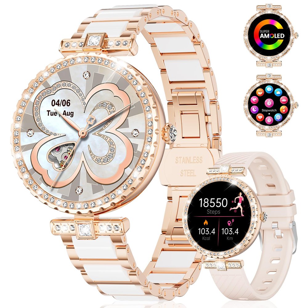 ESFOE Smart Watches for Women,1.19 AMOLED Smartwatch for Android iOS Phone,IP68 Waterproof Fitness Tracker Watch with Heart Rate Sleep Monitor 100+ Sports Pedometer,Ceramic(Answer/Make Calls)